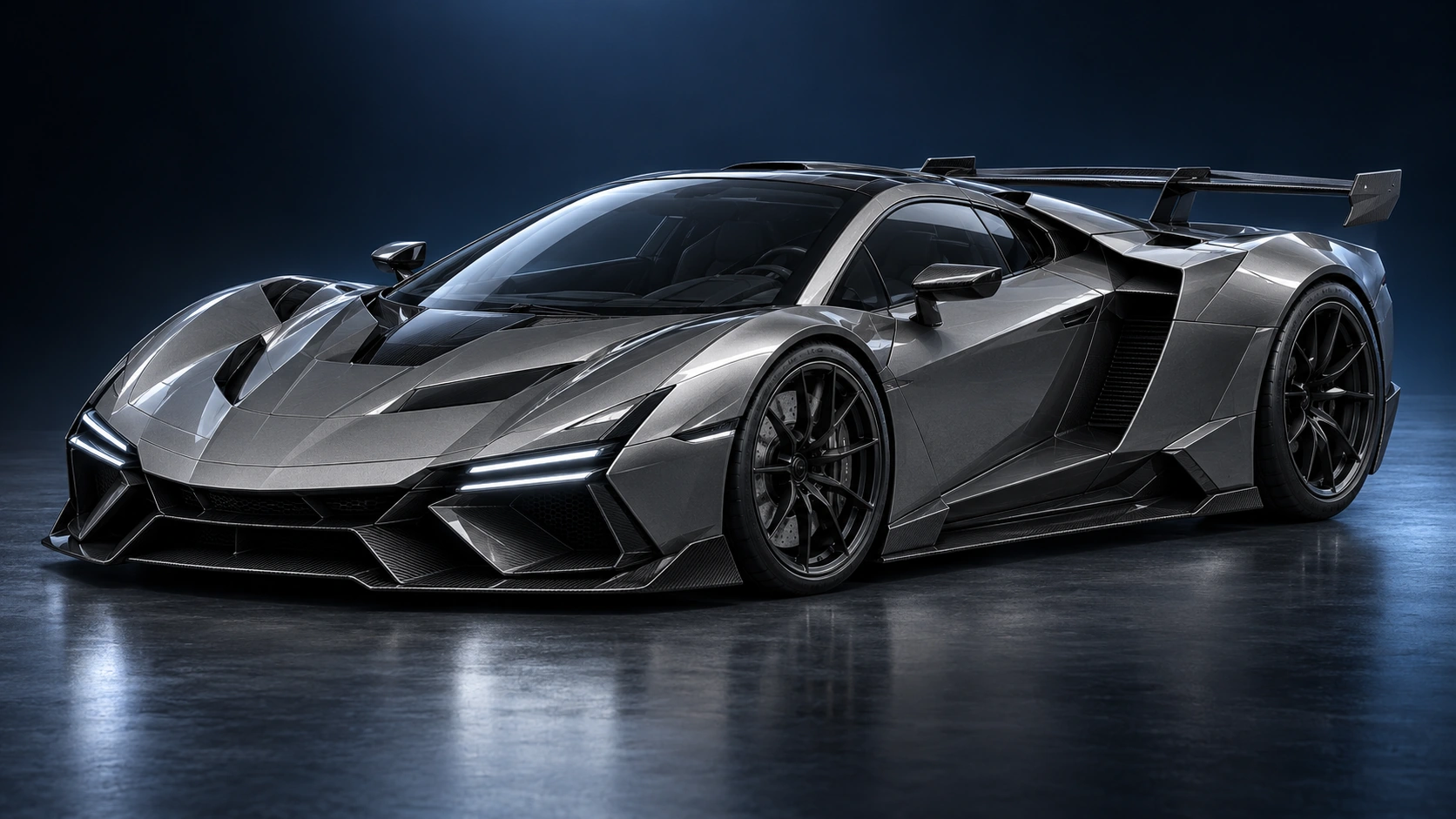 Original FURY-X exterior concept: a complete dark metallic sports car with black glazing and detailed wheels, shown in a three-quarter view.